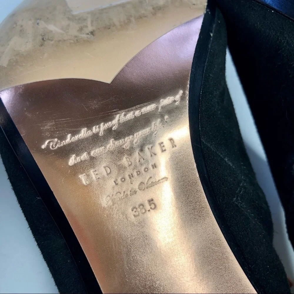 Ted Baker Leiyla black suede ankle booties pointy toe copper rose gold hardware